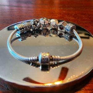 Pandora charm bracelet with 5 charms and 2 clips